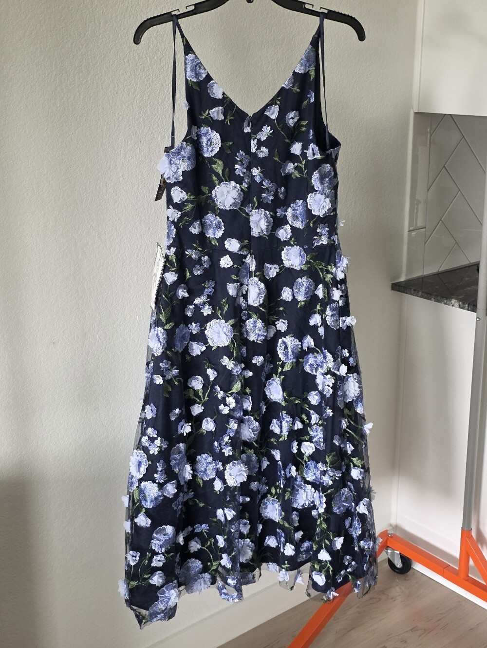 Xscape NWT Size 14 Navy Blue Floral Embroidered Fit & Flare Midi Dress $259 - Picture 8 of 11